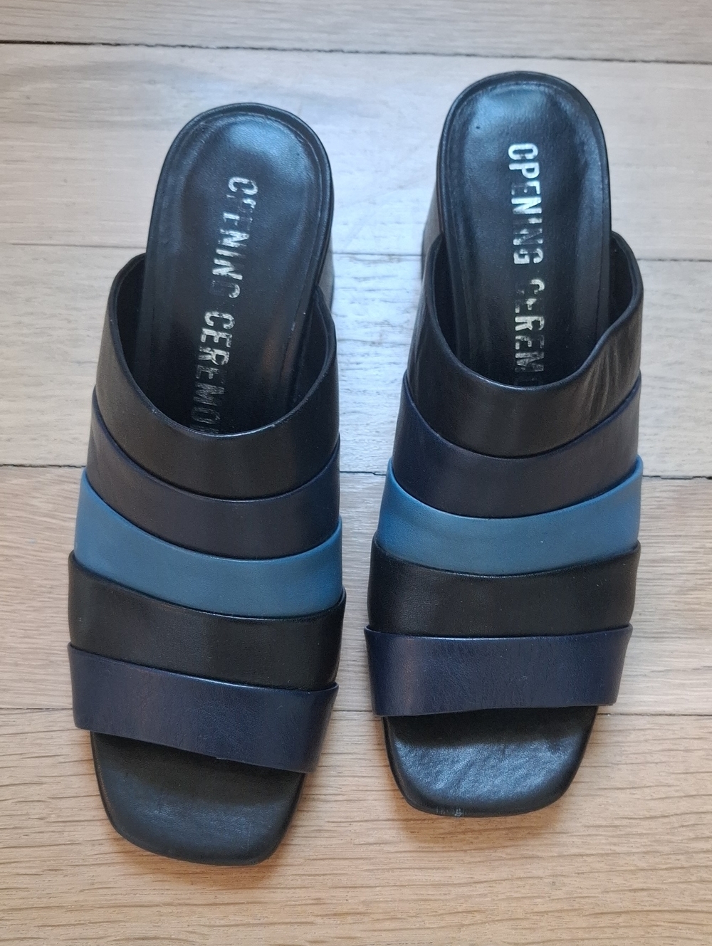 Opening Ceremony Black & Blue Leather Slide Sandals